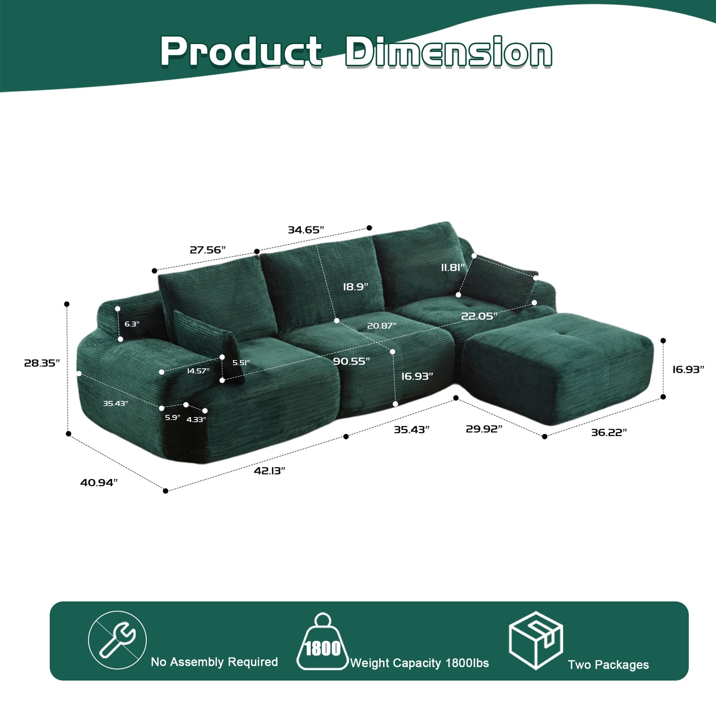 Cloud Modular Sectional Sofa,Corduroy Fabric,Extra Deep Loveseat,No Assembly Required,Green