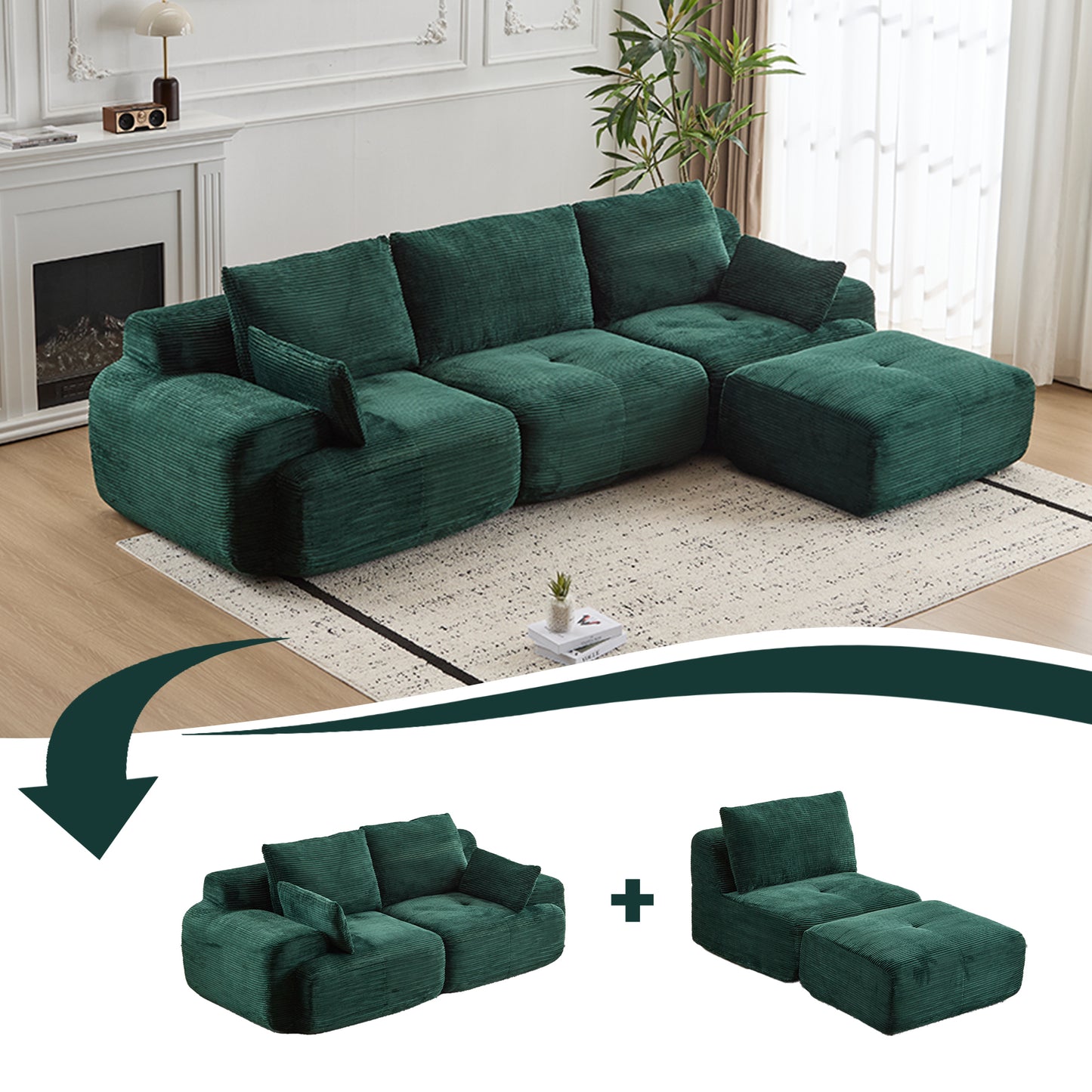 Cloud Modular Sectional Sofa,Corduroy Fabric,Extra Deep Loveseat,No Assembly Required,Green