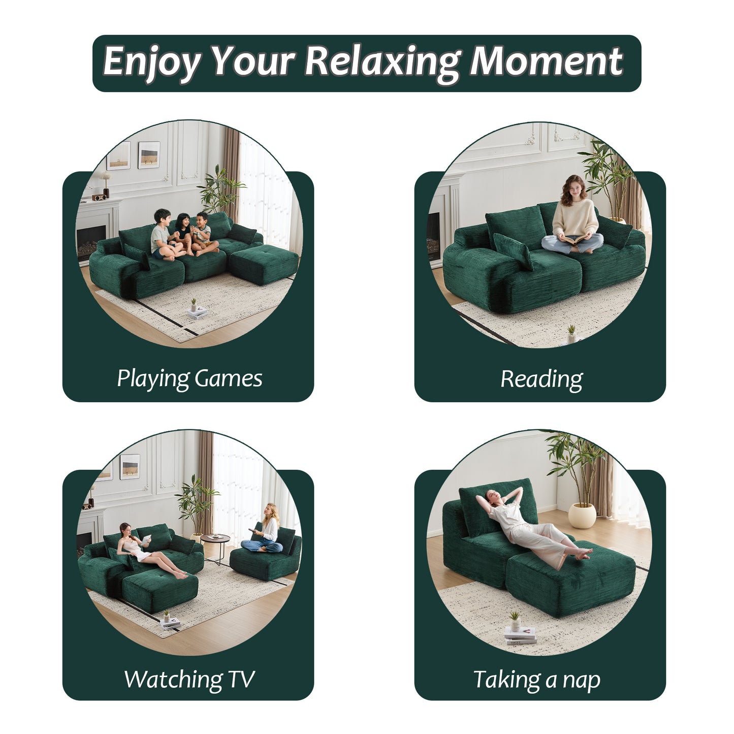 Cloud Modular Sectional Sofa,Corduroy Fabric,Extra Deep Loveseat,No Assembly Required,Green